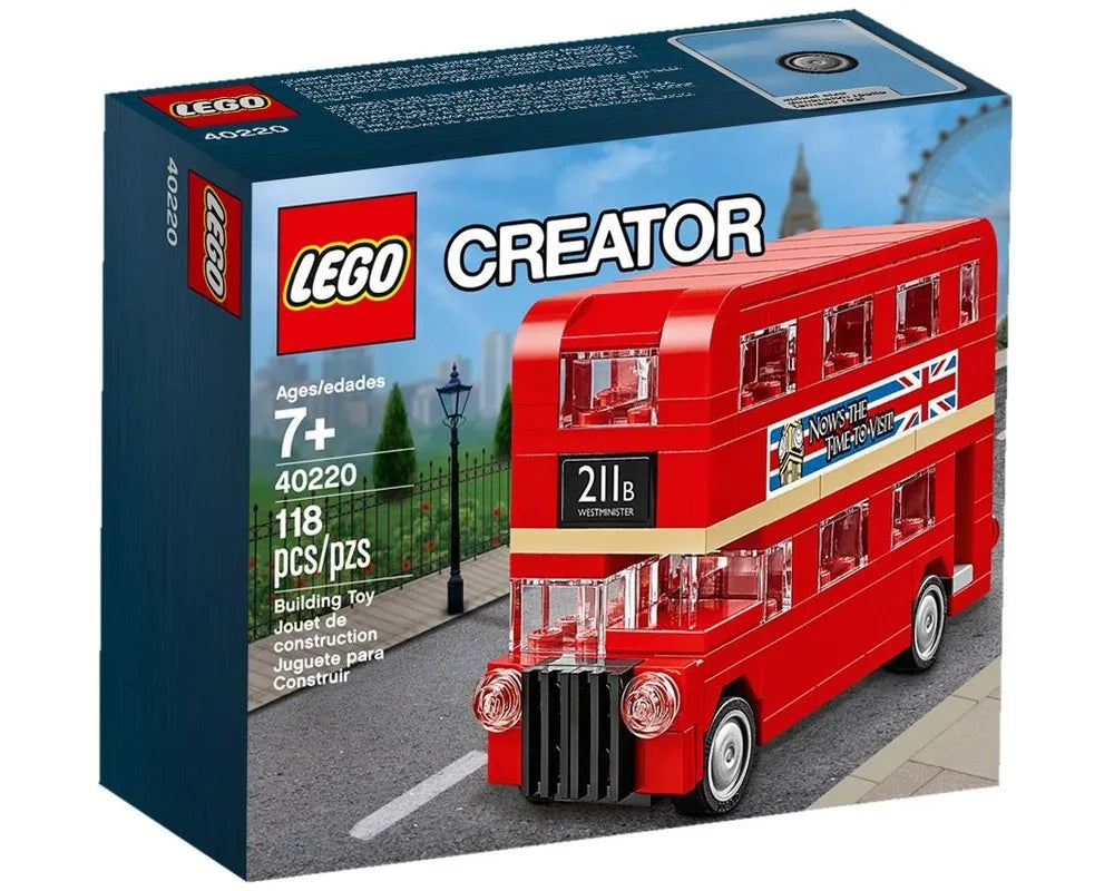 LEGO Creator 40220 Mini London Bus box showing the red double-decker bus model on a street background.