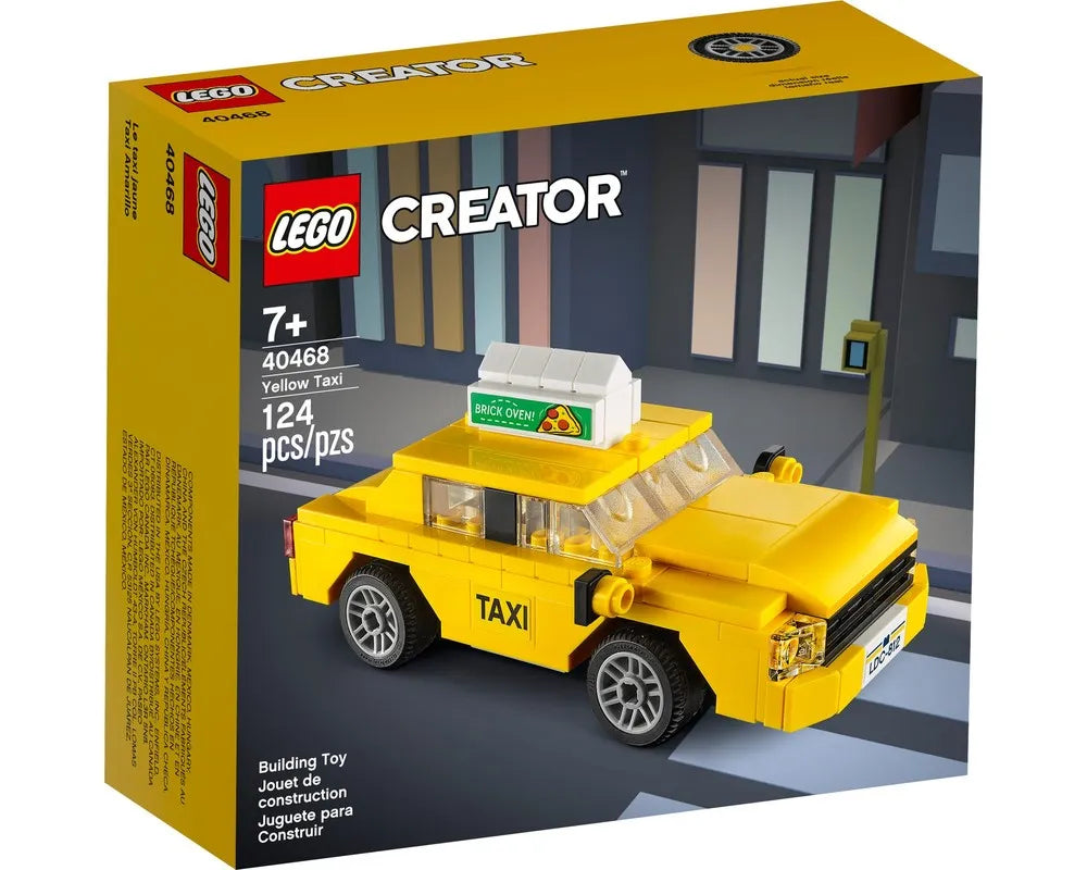 LEGO Creator 40468 Yellow Taxi set box. Features a yellow taxi model with a 'BRICK OVEN!' pizza sign.