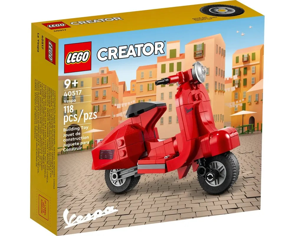 LEGO Creator 40517 Vespa set box featuring a red brick-built scooter against a European street background.