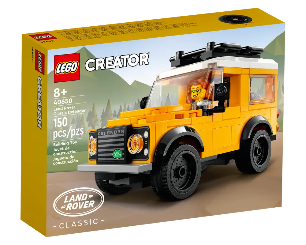 LEGO Creator 40650 Land Rover Classic Defender set box featuring a yellow brick-built car with a minifigure.