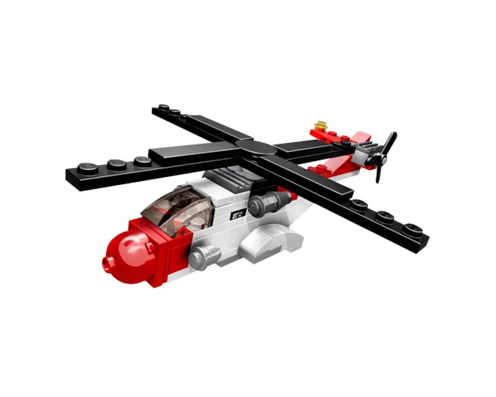 A white and red LEGO Creator 4918 Mini Flyers helicopter model with black rotors, shown against a white background.