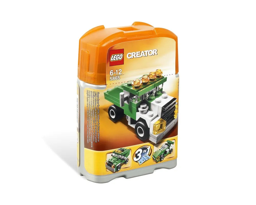LEGO Creator 5865 Mini Dumper set in clear plastic packaging. Features a green and white truck model and 3-in-1 alternate builds.