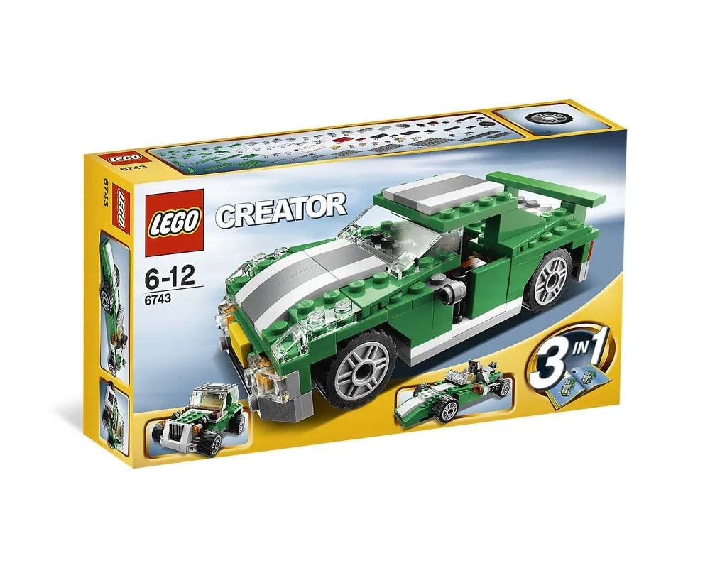 Box for LEGO Creator 6743 Street Speeder set, featuring a green and white sports car and two alternate models.