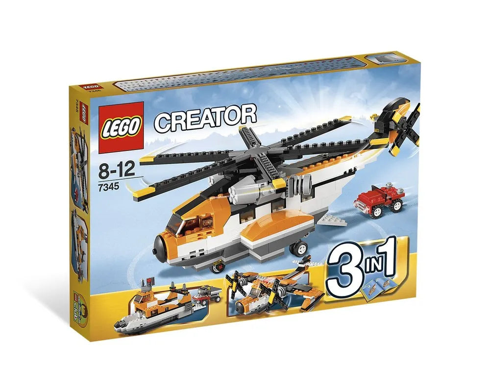 LEGO Creator 7345 Transport Chopper set box showing main helicopter build, a jeep, and two alternate builds (boat, plane).