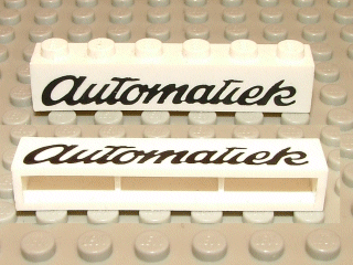 Two white LEGO 1x6 bricks with black 'Automatiek' script pattern, one showing the top and one the underside.