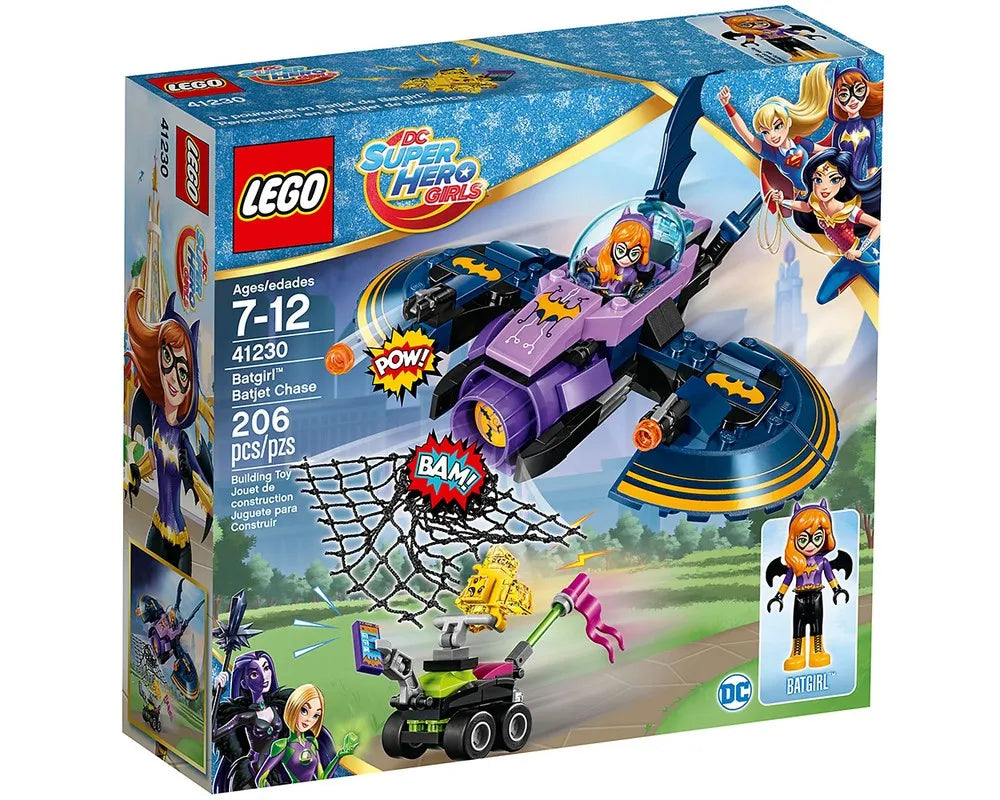 LEGO DC Super Hero Girls 41230 Batgirl Batjet Chase box shows Batgirl in her purple and blue jet, other heroes, and a villain.