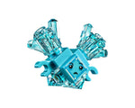 Light blue and transparent LEGO ice monster with a sad face, small arms, and four crystal spikes.
