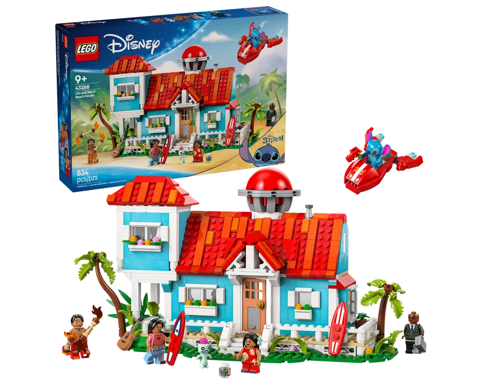 LEGO Disney Lilo and Stitch Beach House set 43268: box, blue house with red roof, minifigures, and Stitch in his red vehicle.