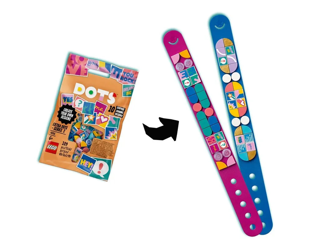 LEGO Dots 41916 Extra Dots Series 2 package and two colorful decorated pink and blue bracelets.
