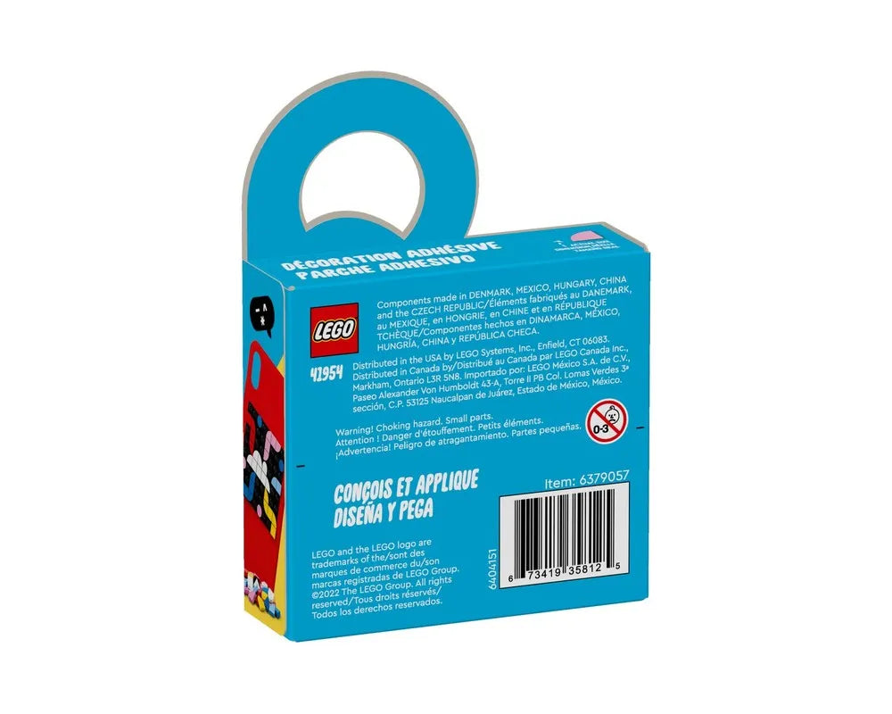 Back of a blue LEGO Dots 41954 Adhesive Patch package, showing product info, barcode, and 0-3 age warning.