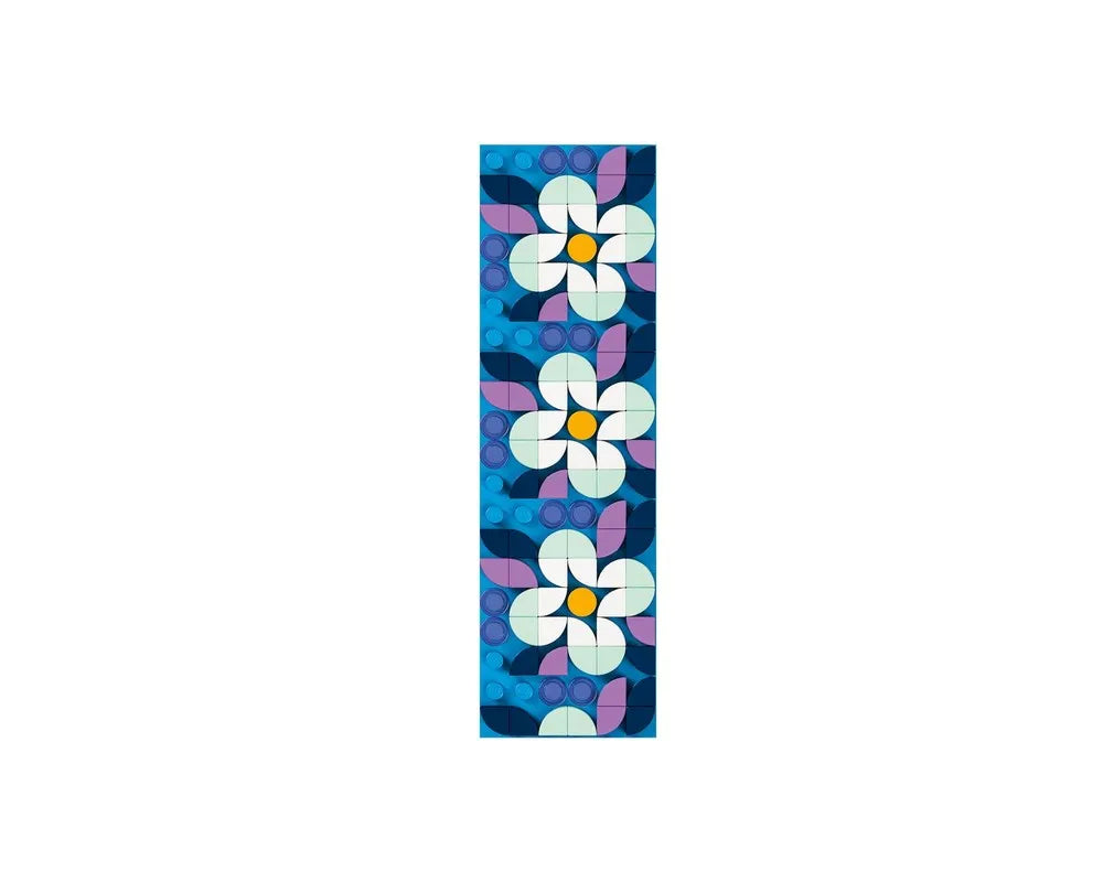 LEGO Dots 41955 Stitch-on Patch featuring three white and light green flowers with yellow centers on a blue background with purple and blue leaf-like shapes.