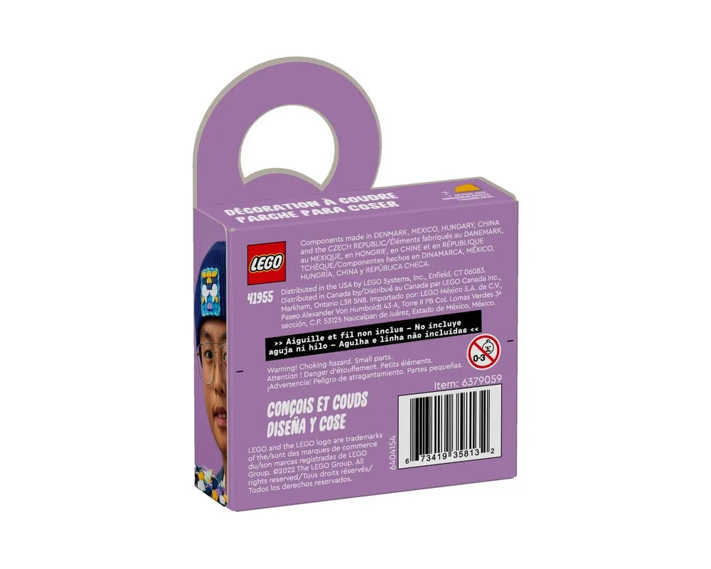 Back of a purple LEGO Dots 41955 Stitch-on Patch package showing product information, a child wearing the patch, and barcode.