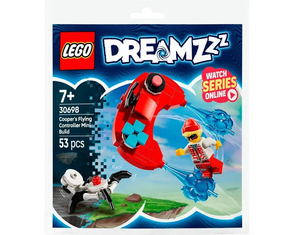 LEGO DREAMZzz 30698 Cooper's Flying Controller Mini Build polybag showing the red flying controller, a minifigure, and a spider.