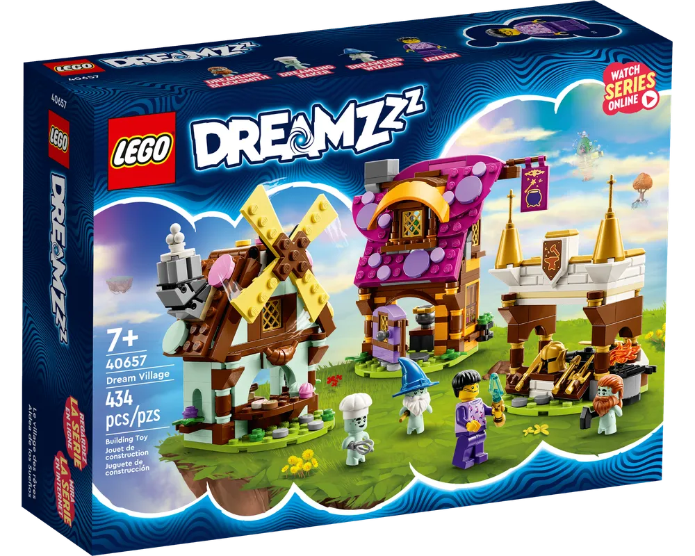 LEGO DREAMZzz 40657 Dream Village set box showing a windmill, house, forge, and minifigures on a grassy dreamland.