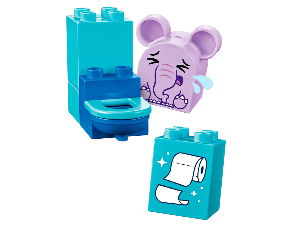 LEGO DUPLO buildable toilet with a crying purple elephant block and a blue block with toilet paper print.