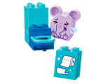 LEGO DUPLO buildable toilet with a crying purple elephant block and a blue block with toilet paper print.