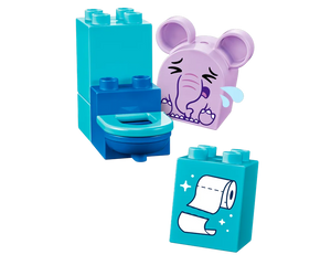 LEGO DUPLO buildable toilet with a crying purple elephant block and a blue block with toilet paper print.