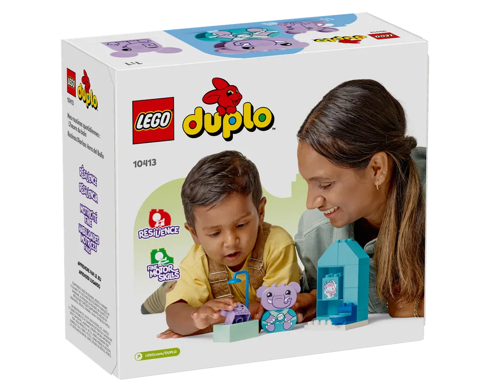 LEGO DUPLO 10413 Daily Routines: Bath Time box, featuring a child and adult playing with an elephant figure and purple animal in a tub.