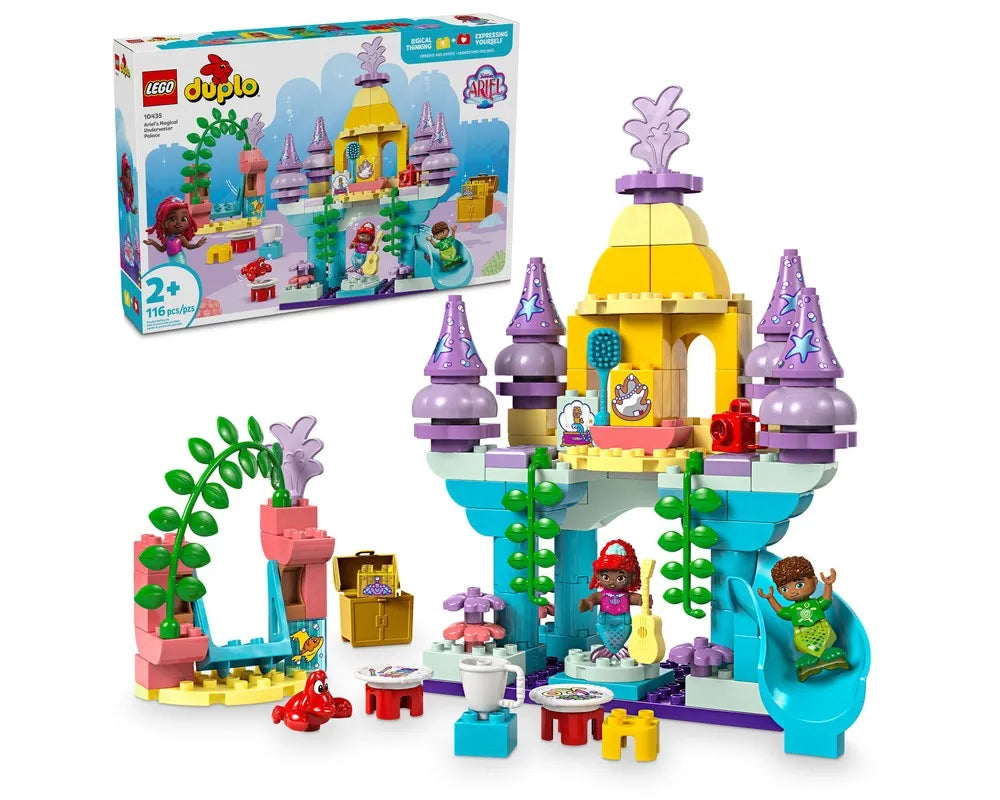 LEGO DUPLO 10435 Ariel's Magical Underwater Palace set with yellow and purple castle, three mermaids, and accessories.