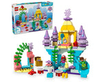 LEGO DUPLO 10435 Ariel's Magical Underwater Palace set with yellow and purple castle, three mermaids, and accessories.