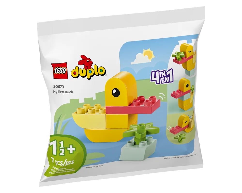 LEGO DUPLO 30673 My First Duck polybag with a yellow brick-built duck, showing 4 alternative builds and 7 pieces, for ages 1 1/2+.