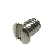 A small, shiny, metallic LEGO electric connector screw with a flat head and slotted drive, showing its threaded body.