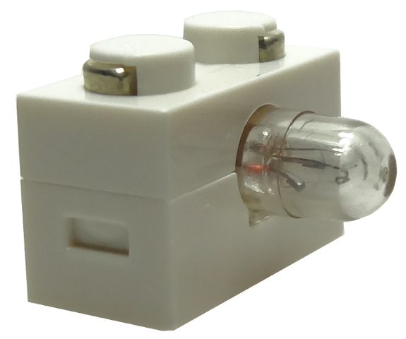 White LEGO electric 1x2 light brick with two studs, featuring metal contacts and a clear lamp bulb extending from its side.