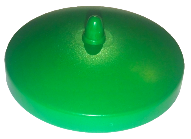 Green LEGO Fabuland Trash Can Lid 5 x 5, an oval piece with a small conical knob on top.