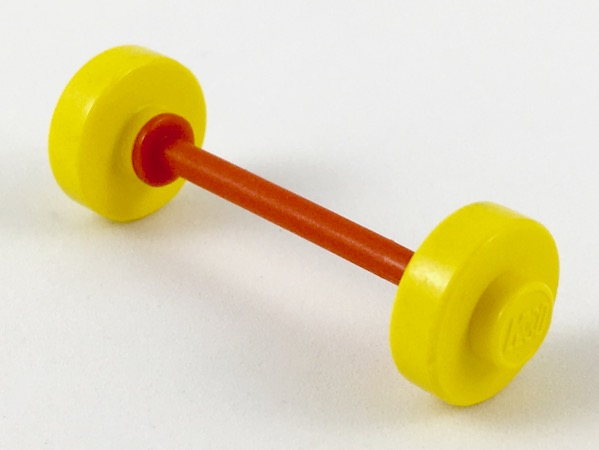 Yellow LEGO Fabuland small wheel pair with center stud fixed on a red axle, resembling a dumbbell