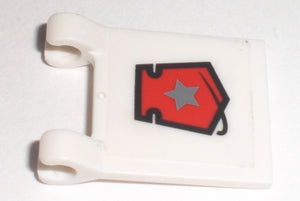 White LEGO Flag 2 x 2 Square piece (2335pb057) with a Space Police 3 badge sticker pattern, red with a grey star.