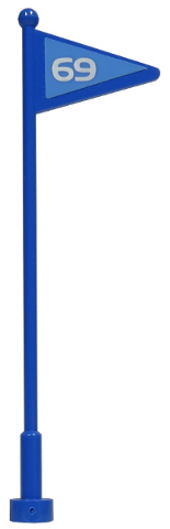 Blue LEGO flag on an antenna whip with a light blue triangular insert displaying the white number 69.