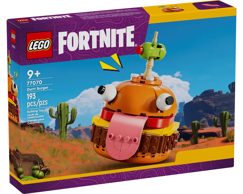 LEGO Fortnite 77070 Durrr Burger set box, featuring the built burger model in a desert landscape with cacti.