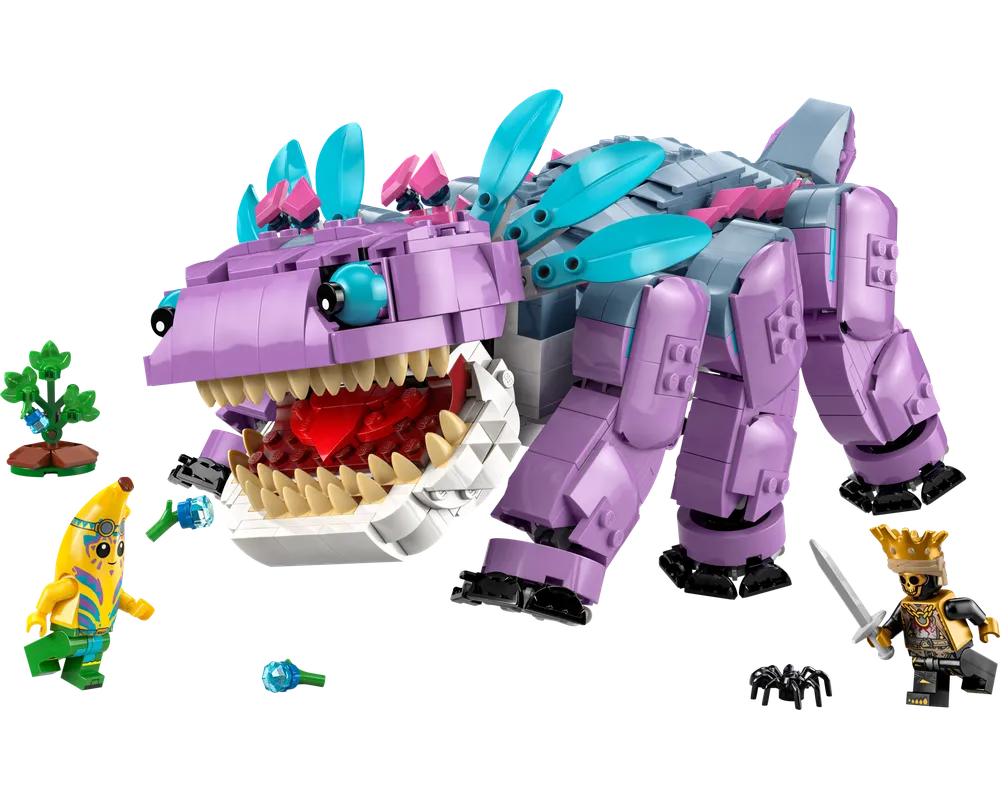 LEGO Fortnite 77077 Klombo set featuring a large purple creature, banana minifigure, skeleton king, spider, and small tree.