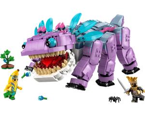 LEGO Fortnite 77077 Klombo set featuring a large purple creature, banana minifigure, skeleton king, spider, and small tree.
