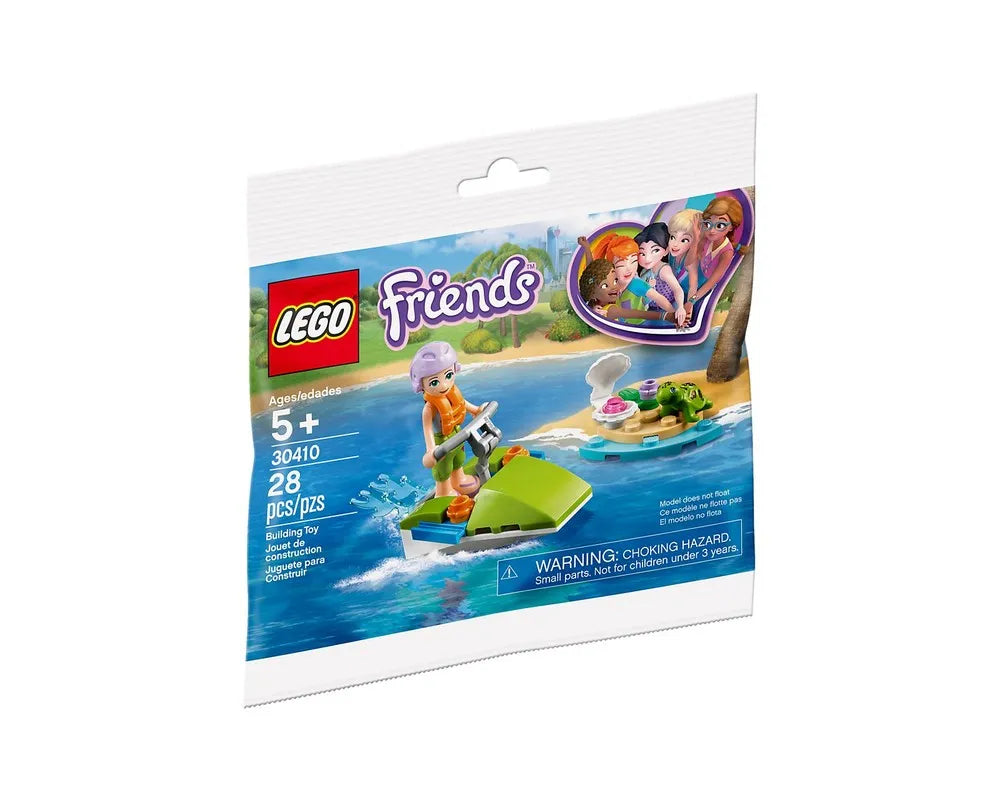 LEGO Friends 30410 Mia's Water Fun polybag featuring Mia on a green jet ski with a small island.