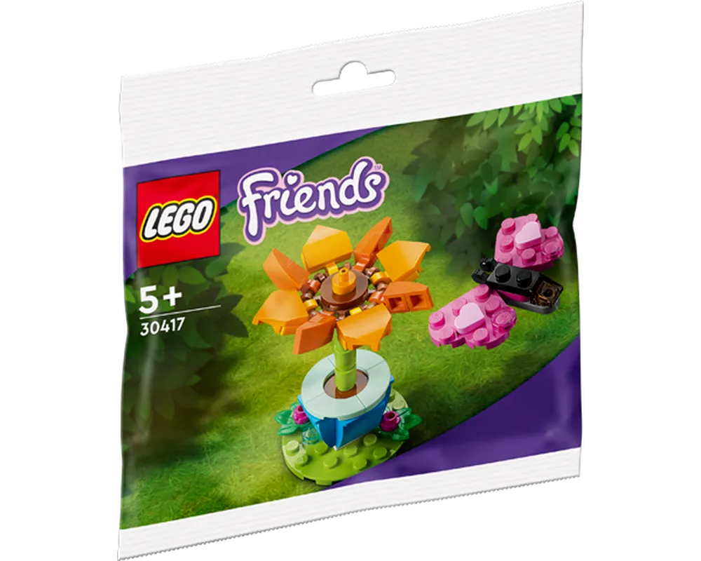 LEGO Friends 30417 polybag with an orange flower build and a pink butterfly on a green leafy background.