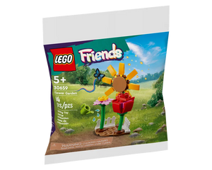 LEGO Friends 30659 Flower Garden polybag showing a sunflower, red flower, pink flower, watering can, and butterfly in a garden.