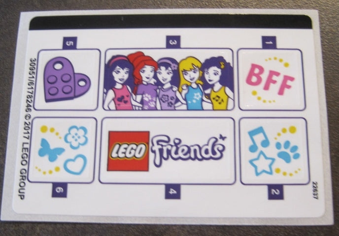 LEGO 40266 sticker sheet with Friends characters, heart brick, BFF, LEGO Friends logo, music, paw print, butterfly, flower, and heart motifs.