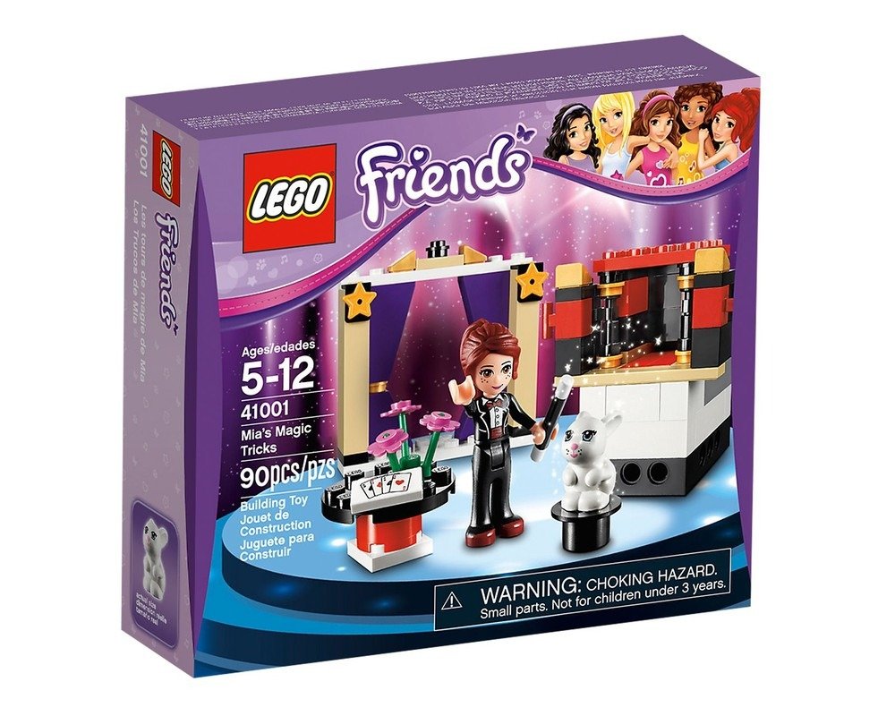 LEGO Friends 41001 Mia's Magic Tricks set box showing Mia the magician, a stage, table, rabbit, and top hat on a purple background.