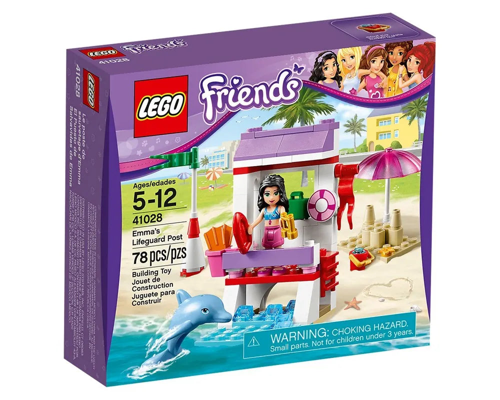 LEGO Friends 41028 Emma's Lifeguard Post box with a minifigure, lifeguard stand, dolphin, and beach scene.
