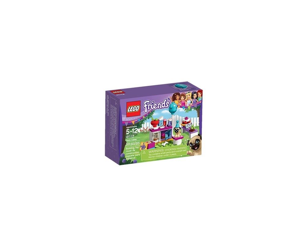 LEGO Friends 41112 Party Cakes set box showing a small party scene with a pug dog, cake, and colorful decorations.