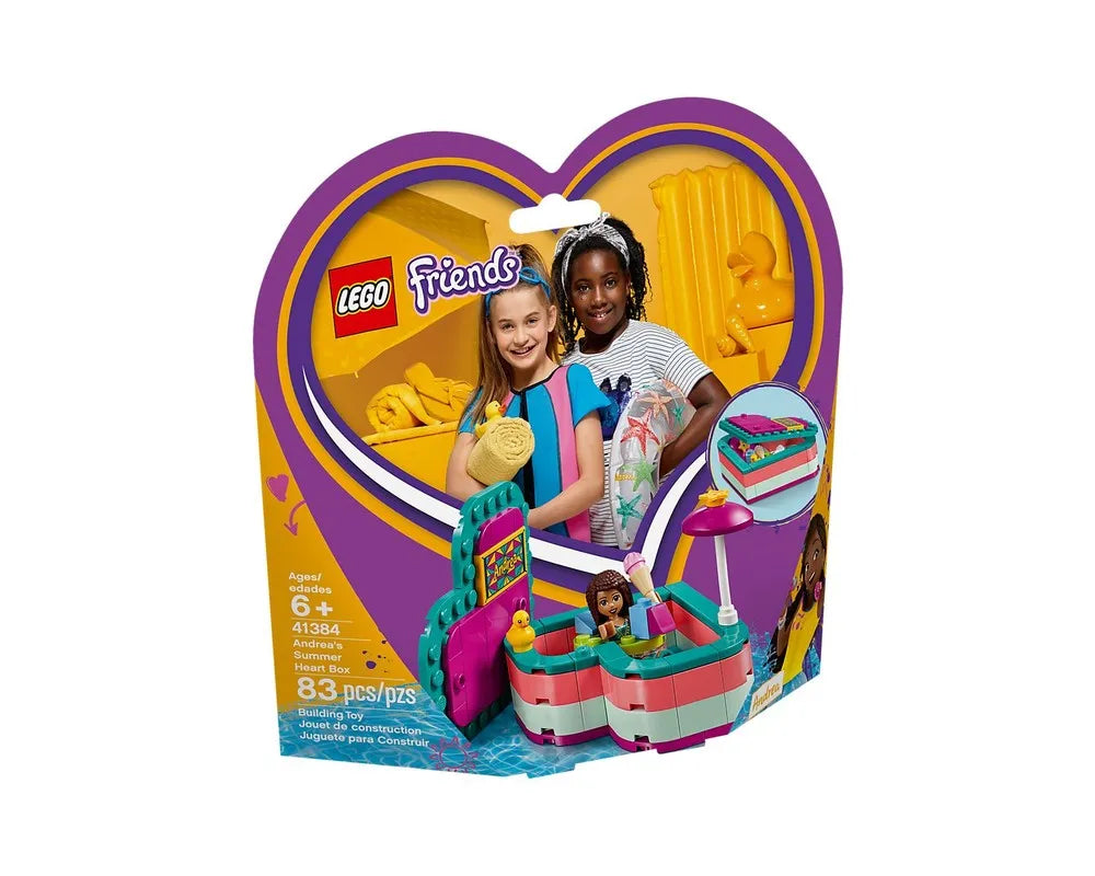 LEGO Friends 41384 Andrea's Summer Heart Box packaging with two girls, the heart box set, and product details.