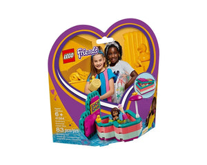 LEGO Friends 41384 Andrea's Summer Heart Box packaging with two girls, the heart box set, and product details.