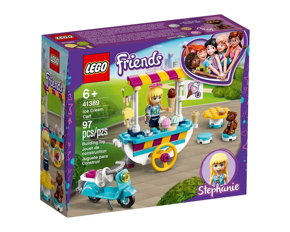 LEGO Friends 41389 Ice Cream Cart box shows Stephanie at a colorful ice cream cart with a scooter, table, and a brown dog.