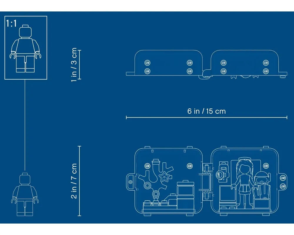 Blueprint drawing of LEGO Friends Andrea's Summer Play Cube, showing dimensions (6in/15cm) and open interior details.