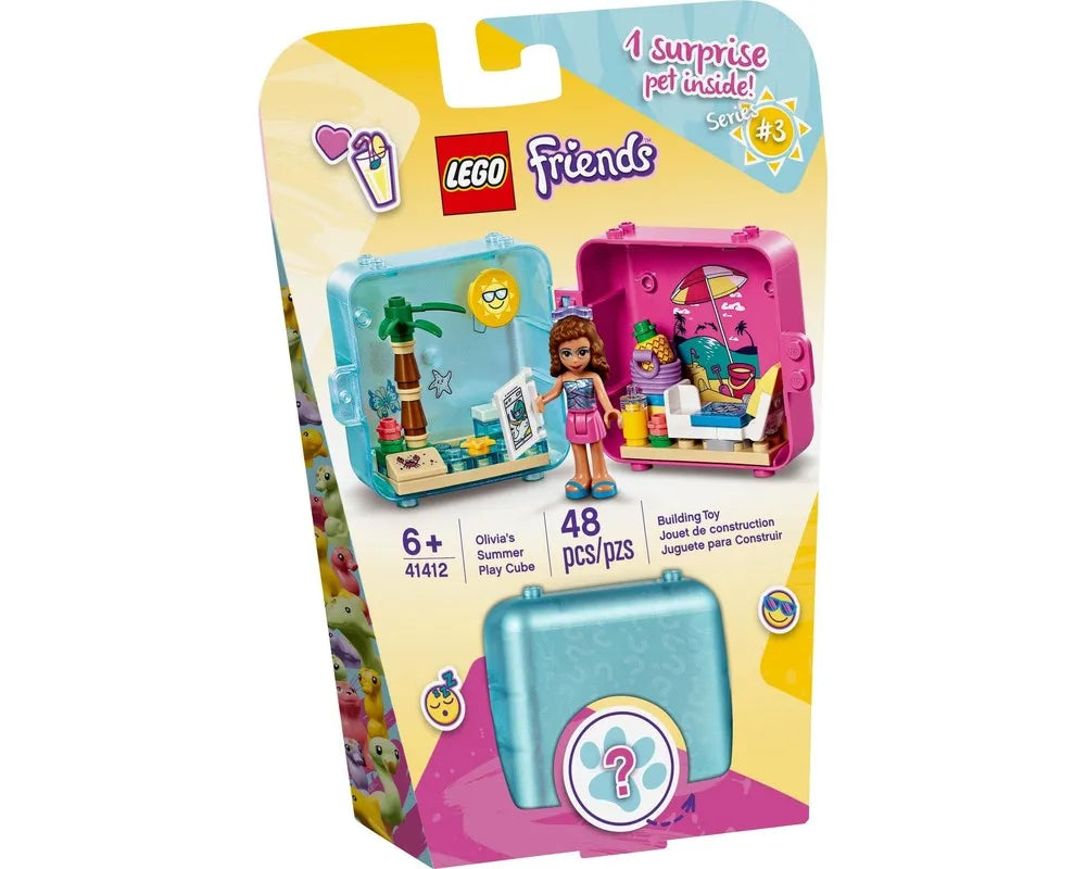 LEGO Friends 41412 Olivia's Summer Play Cube box showing open blue and pink cubes with beach scenes, mini-doll, and '1 surprise pet'.