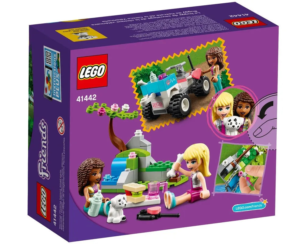 LEGO Friends 41442 Vet Clinic Rescue Buggy box showing two minifigures, a puppy, a vet buggy, and an outdoor scene.