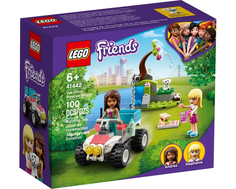 LEGO Friends 41442 Vet Clinic Rescue Buggy box showing Andrea in a buggy, Stephanie with a dog, and a small animal clinic.