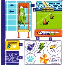 LEGO Friends Set 41669 sticker sheet featuring soccer stadium, locker room, scoreboard, strategy, whistle, and paw print stickers.