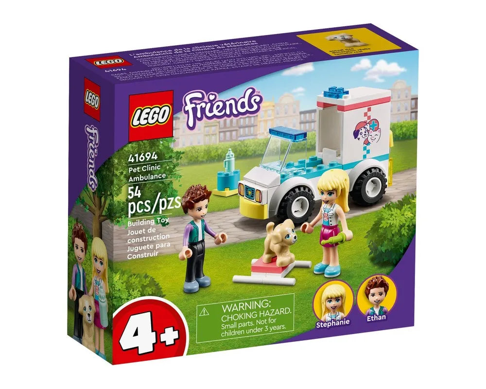 LEGO Friends 41694 Pet Clinic Ambulance set box with ambulance, Stephanie, Ethan mini-dolls, and dog figure.